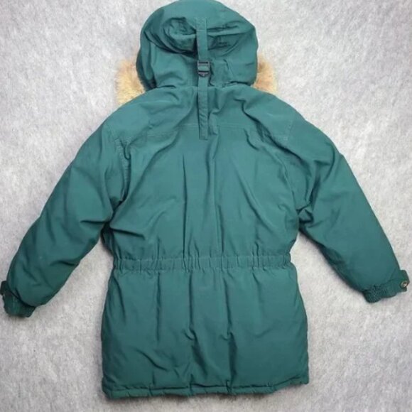 VTG Eddie Bauer Goose Down Premier Polar Parka Women M Canadian Coyote Fur Green - Picture 2 of 10